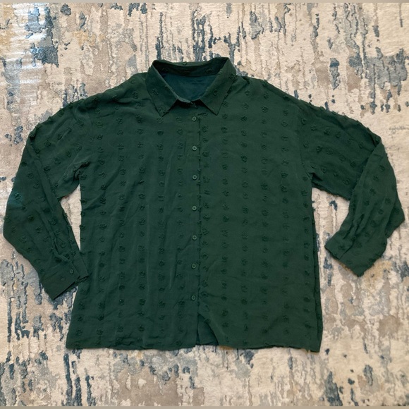 C01 Chiffon Button Up Shirt Swiss Polka Dot Top Dark Green Long Sleeve Sz 2XL - Picture 3 of 9